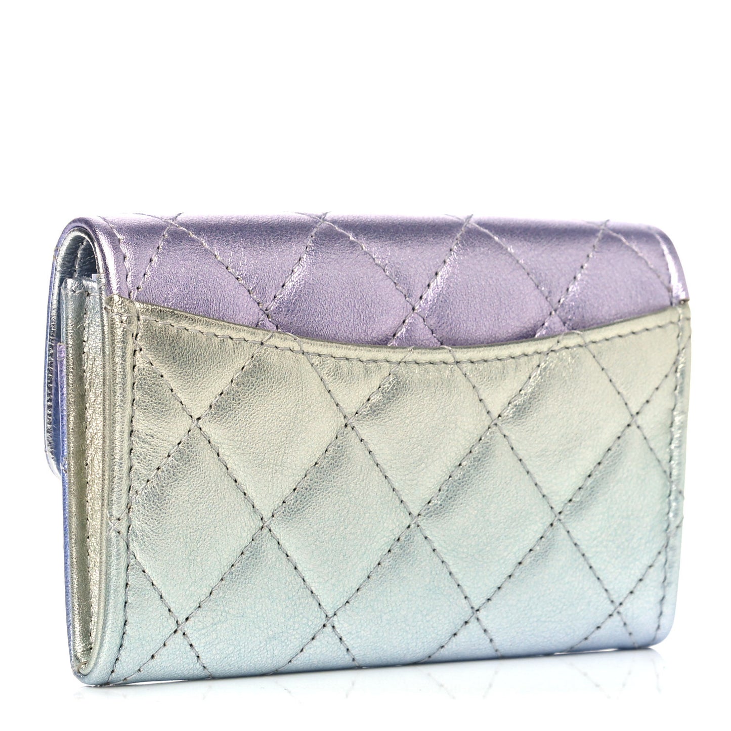 Gradient Metallic Calfskin Quilted Flap Card Holder Wallet Silver Blue Yellow Purple