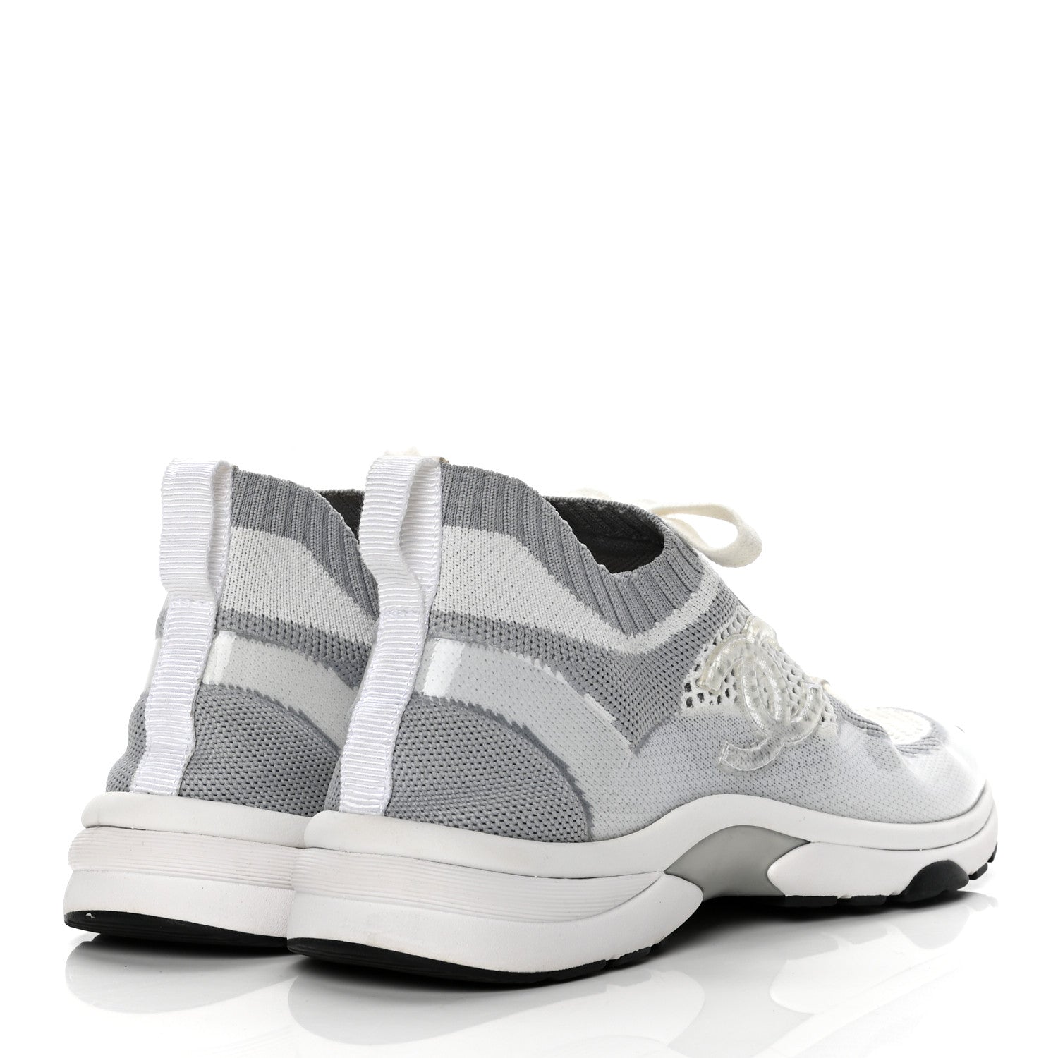 Chanel Fabric Suede Calfskin Stretch CC Sneakers 38.5 White Grey 4 of 9