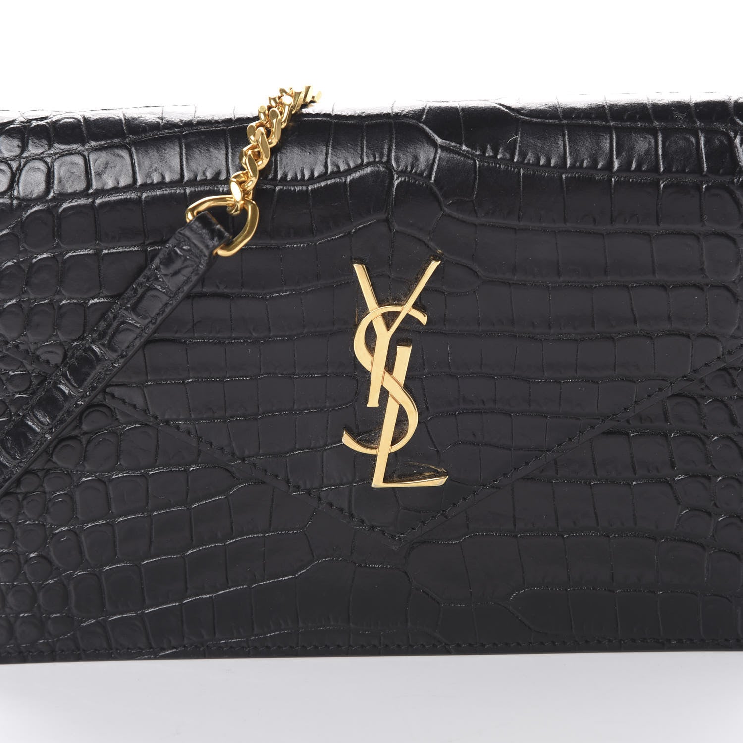 Saint Laurent Calfskin Crocodile Embossed Monogram Envelope Chain Wallet Black 8 of 13