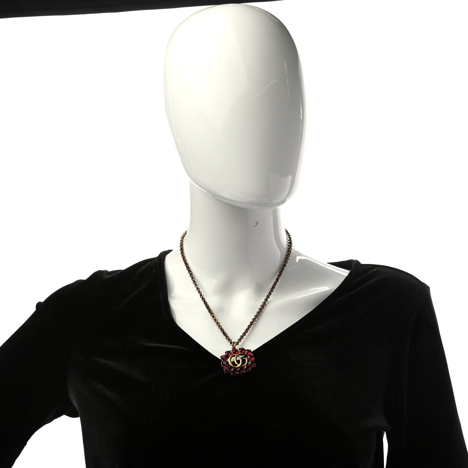 Gucci Crystal Embellished Double G Necklace Aged Gold Red 2 of 5