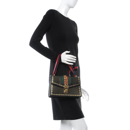 Gucci Calfskin Star Printed Small Sylvie Shoulder Bag Gold Black 2 of 7