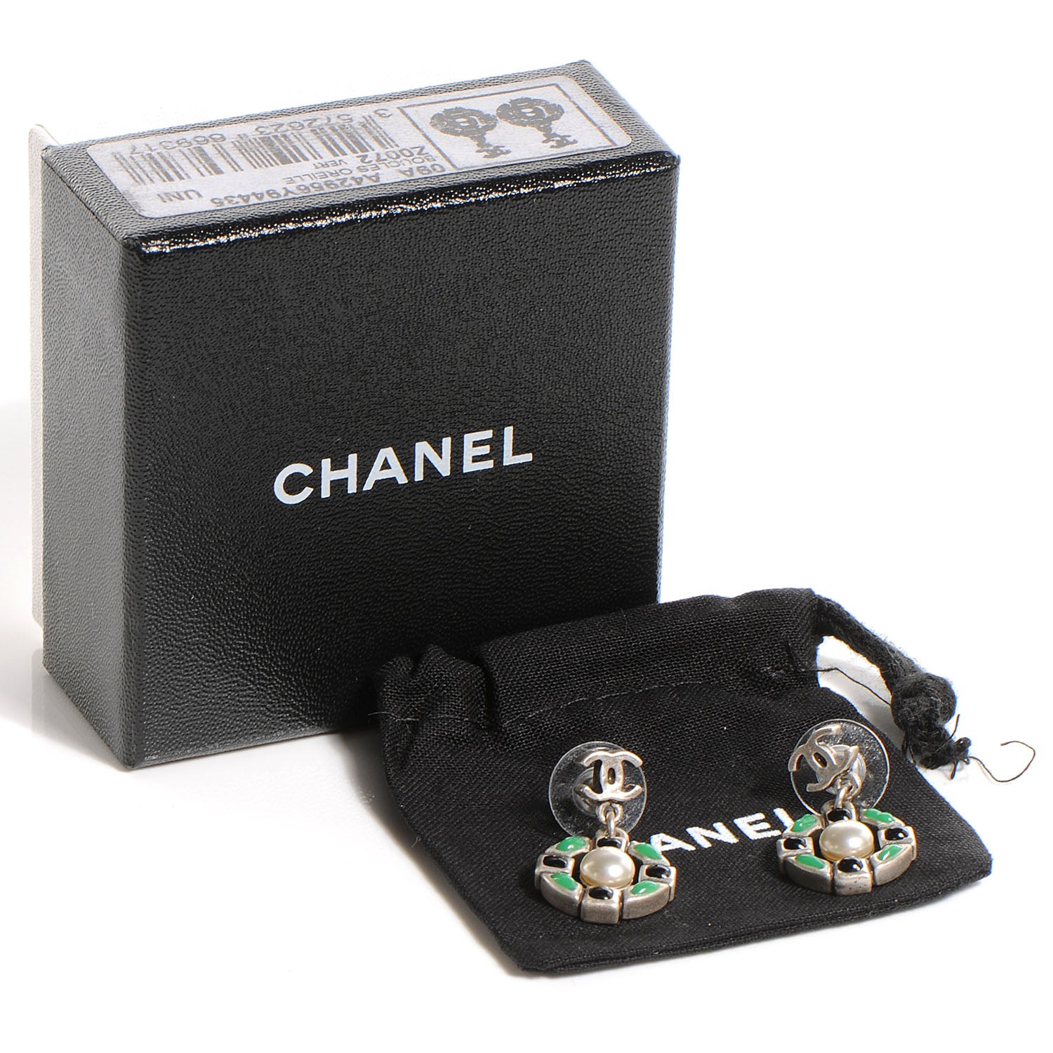 Chanel Silver Pearl Resin CC Dangle Earrings Green 5 of 5