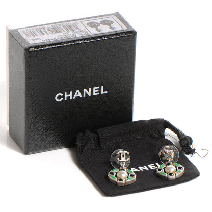 Chanel Silver Pearl Resin CC Dangle Earrings Green 5 of 5