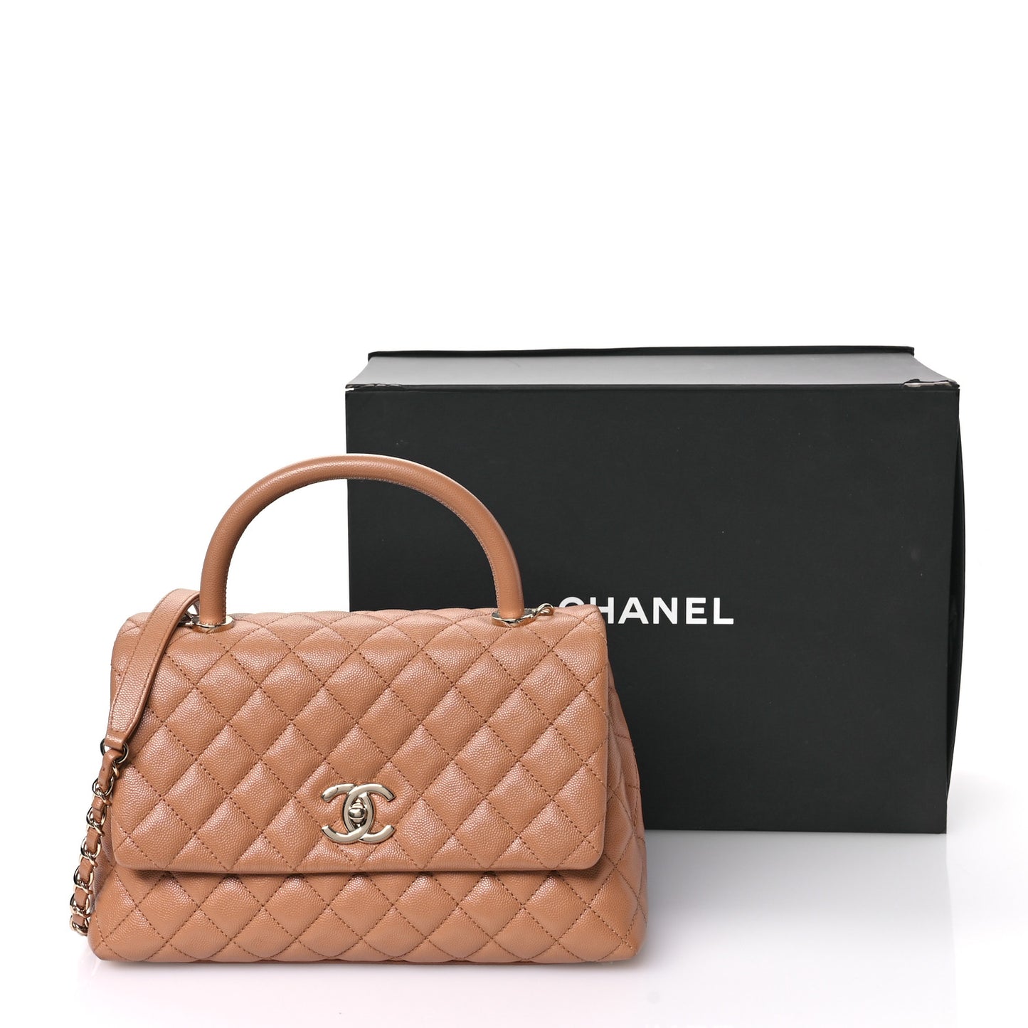 Caviar Quilted Small Coco Handle Flap Beige
