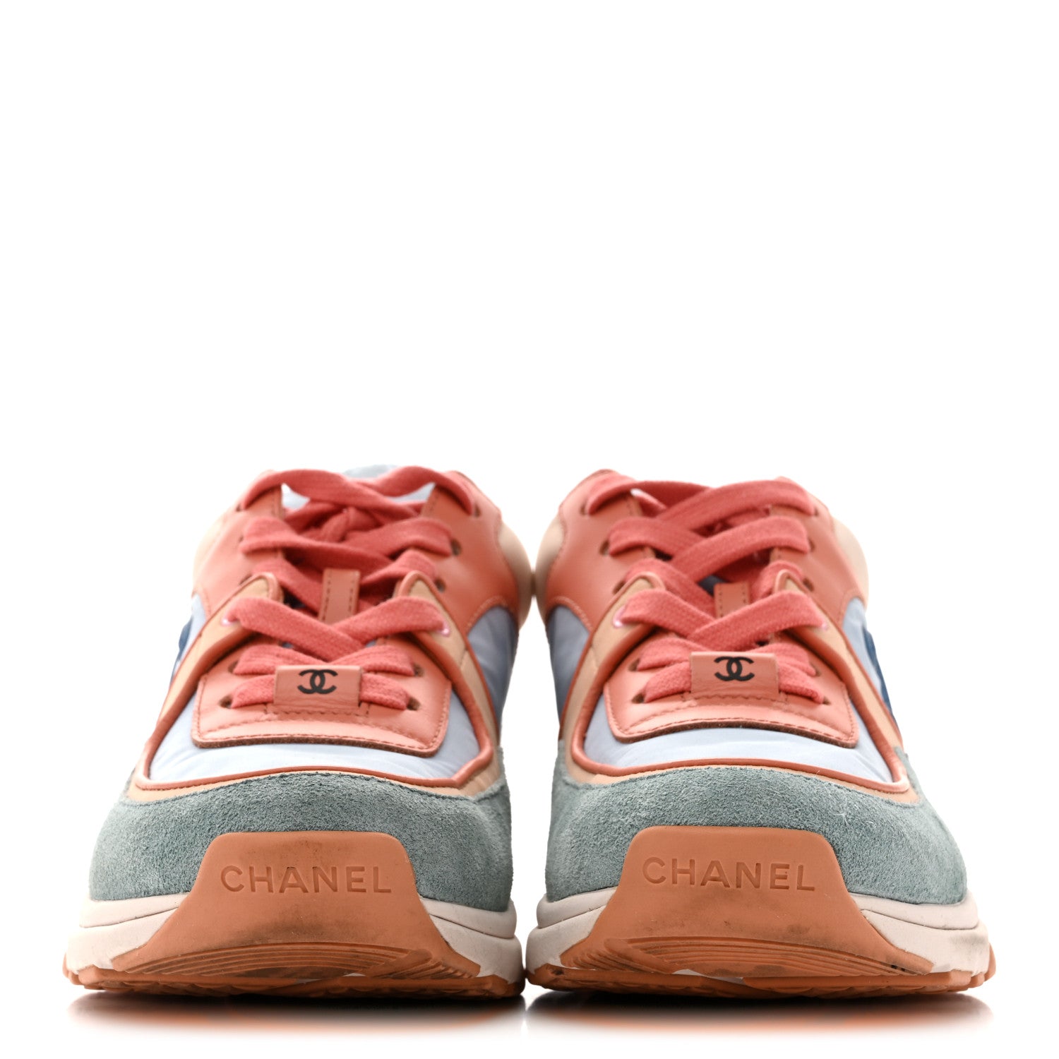 Chanel Nylon Lambskin Suede Calfskin CC Sneakers 35 Coral Light Blue White 3 of 12