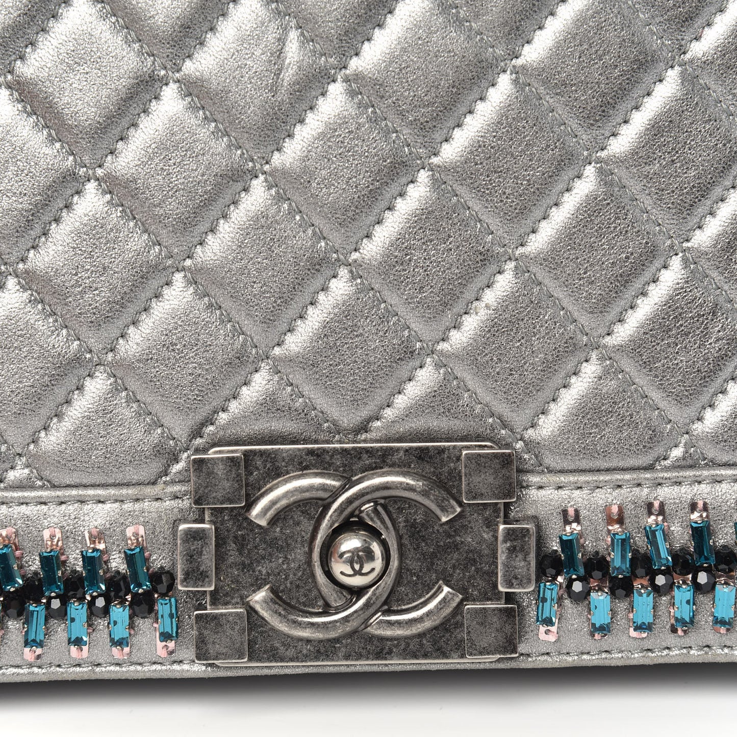 Metallic Lambskin Embellished Medium Boy Flap Silver
