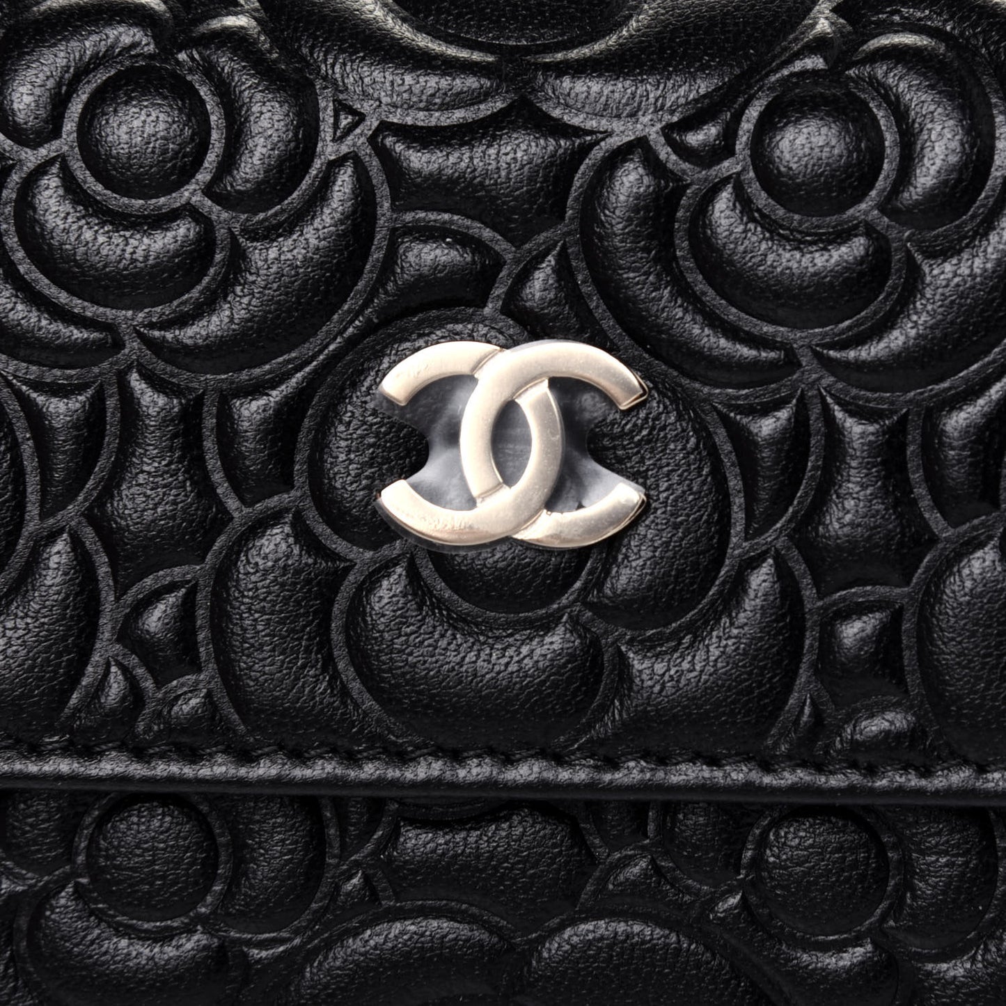 Lambskin Camellia Embossed Chain Belt Bag Black