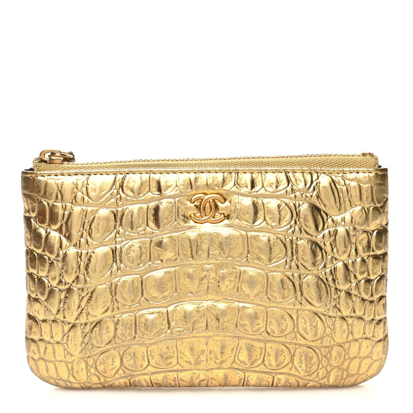 Metallic Calfskin Crocodile Embossed Cocodile Small Cosmetic Case Gold