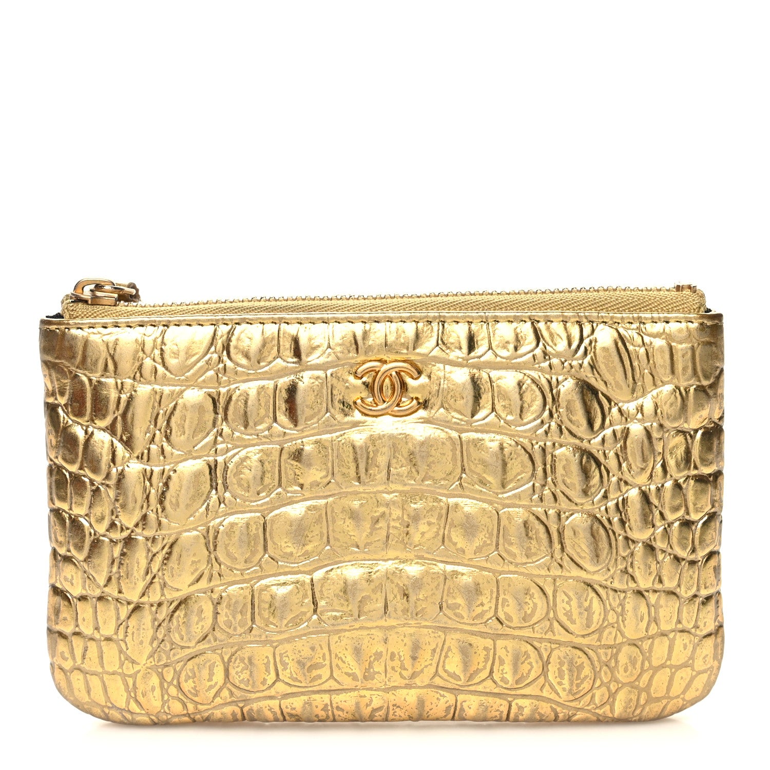 Chanel Metallic Calfskin Crocodile Embossed Cocodile Small Cosmetic Case Gold 1 of 9