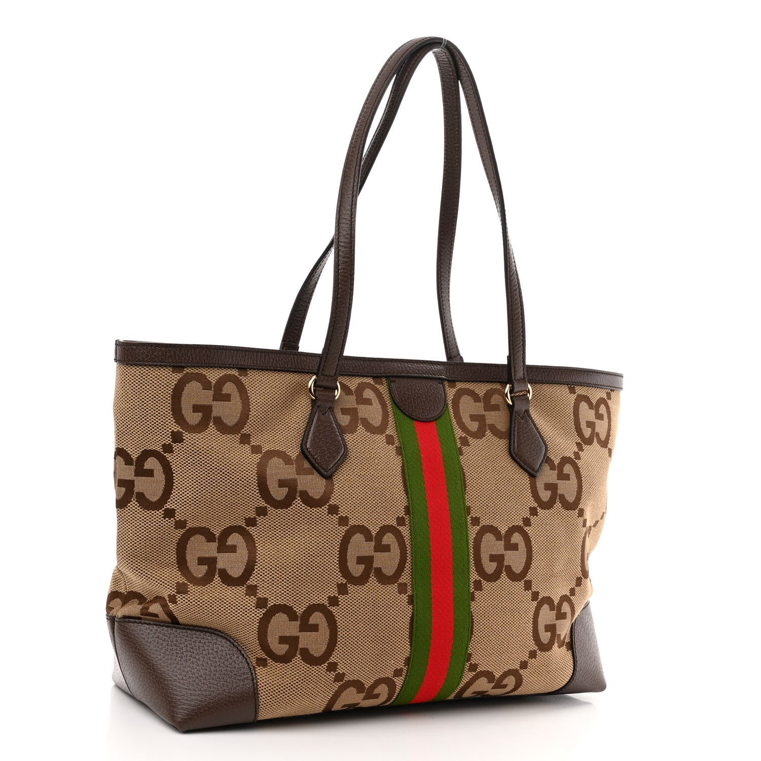 Gucci Monogram Jumbo GG Textured Dollar Calfskin Web Medium Ophidia Shopping Tote Camel Ebony 3 of 10