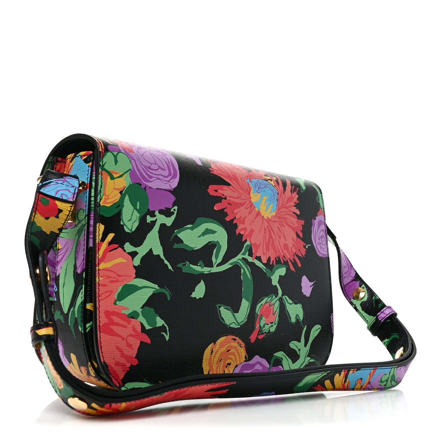 X KEN SCOTT New Shangai Calfskin Jenny Floral Print Horsebit 1955 Shoulder Bag Black Pink