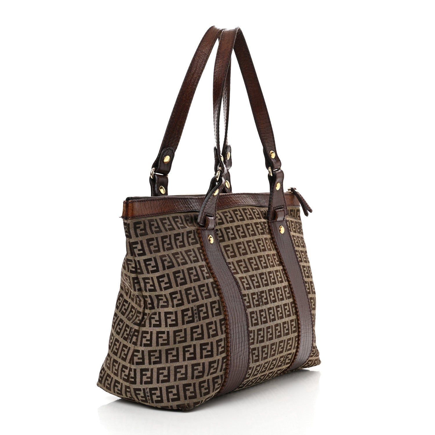 Fendi Zucchino Vitello Shopping Zip Tote Mogano Panna Bruciato 3 of 15