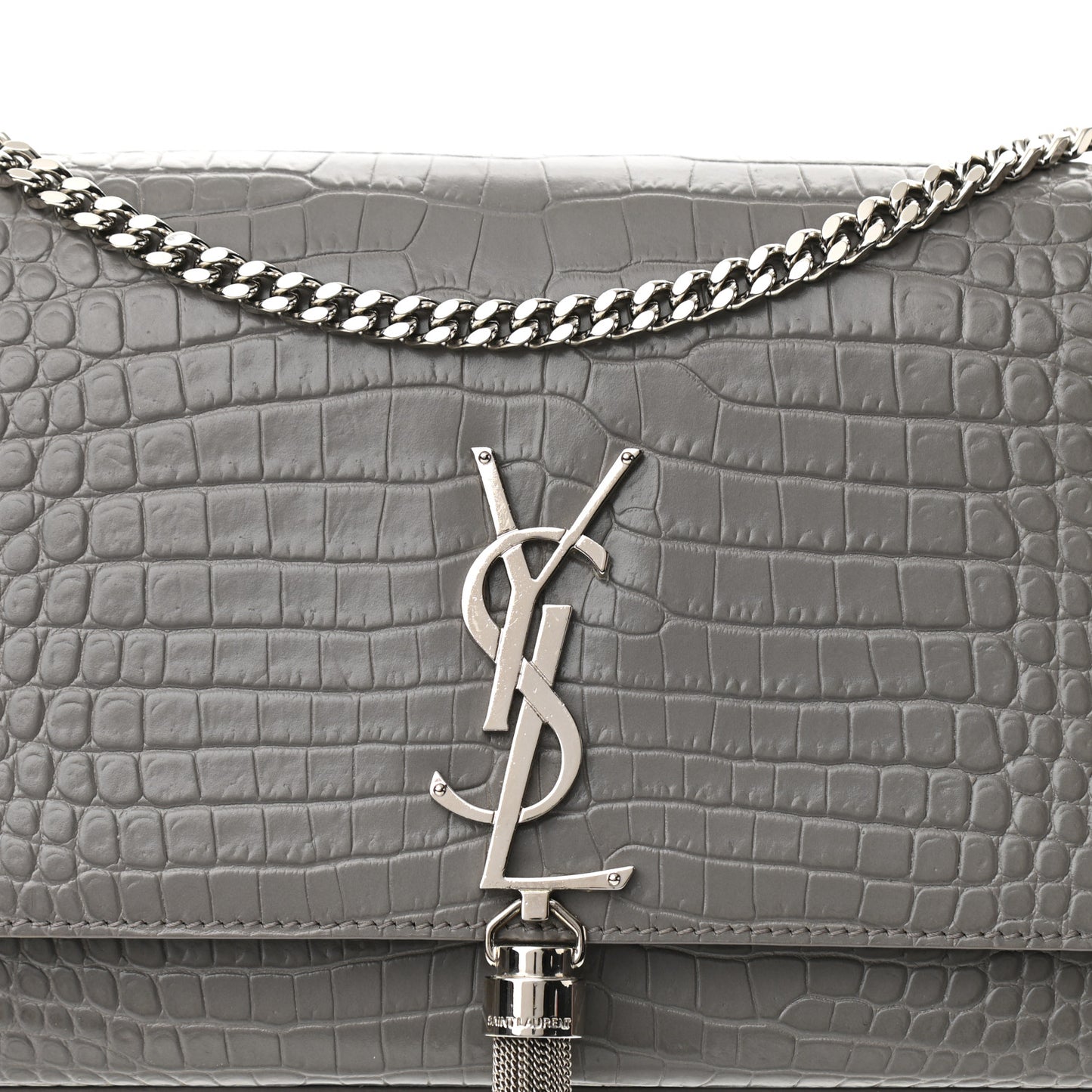 Calfskin Crocodile Embossed Medium Classic Monogram Kate Tassel Satchel Fog