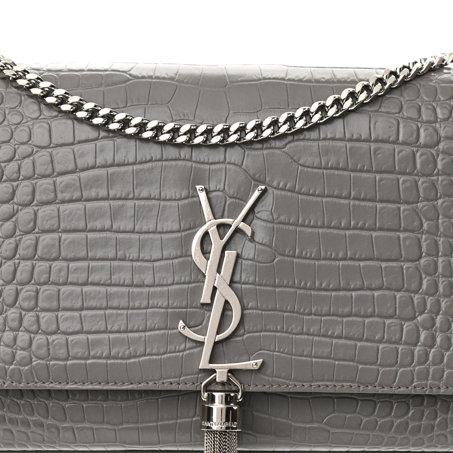 Saint Laurent Calfskin Crocodile Embossed Medium Classic Monogram Kate Tassel Satchel Fog 8 of 10