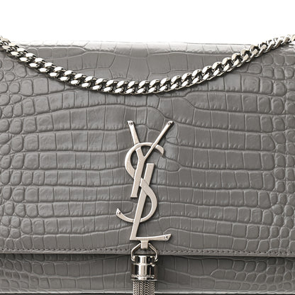 Saint Laurent Calfskin Crocodile Embossed Medium Classic Monogram Kate Tassel Satchel Fog 8 of 10