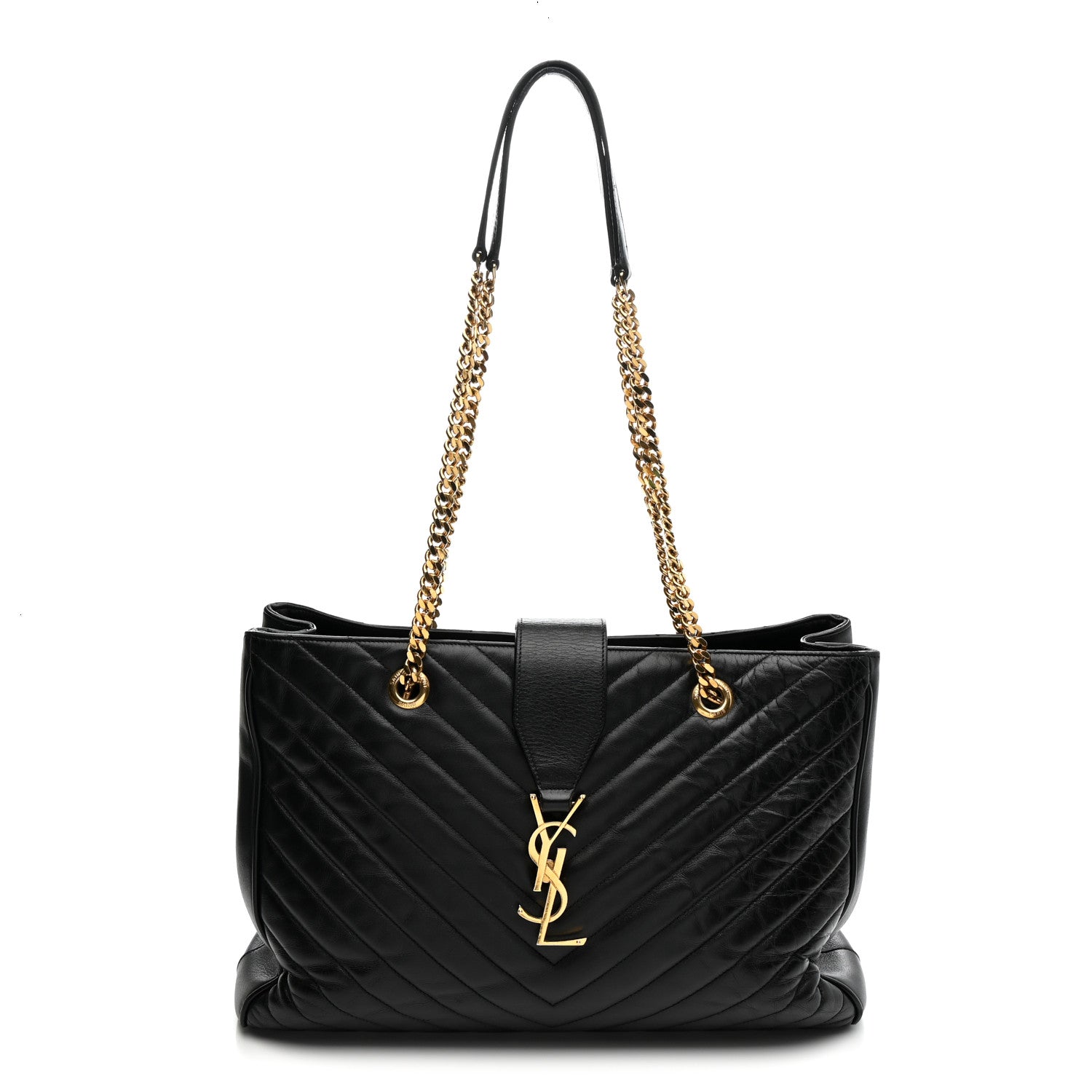 Saint Laurent Smooth Calfskin Matelasse Chevron Monogram Shopping Bag Black 1 of 14