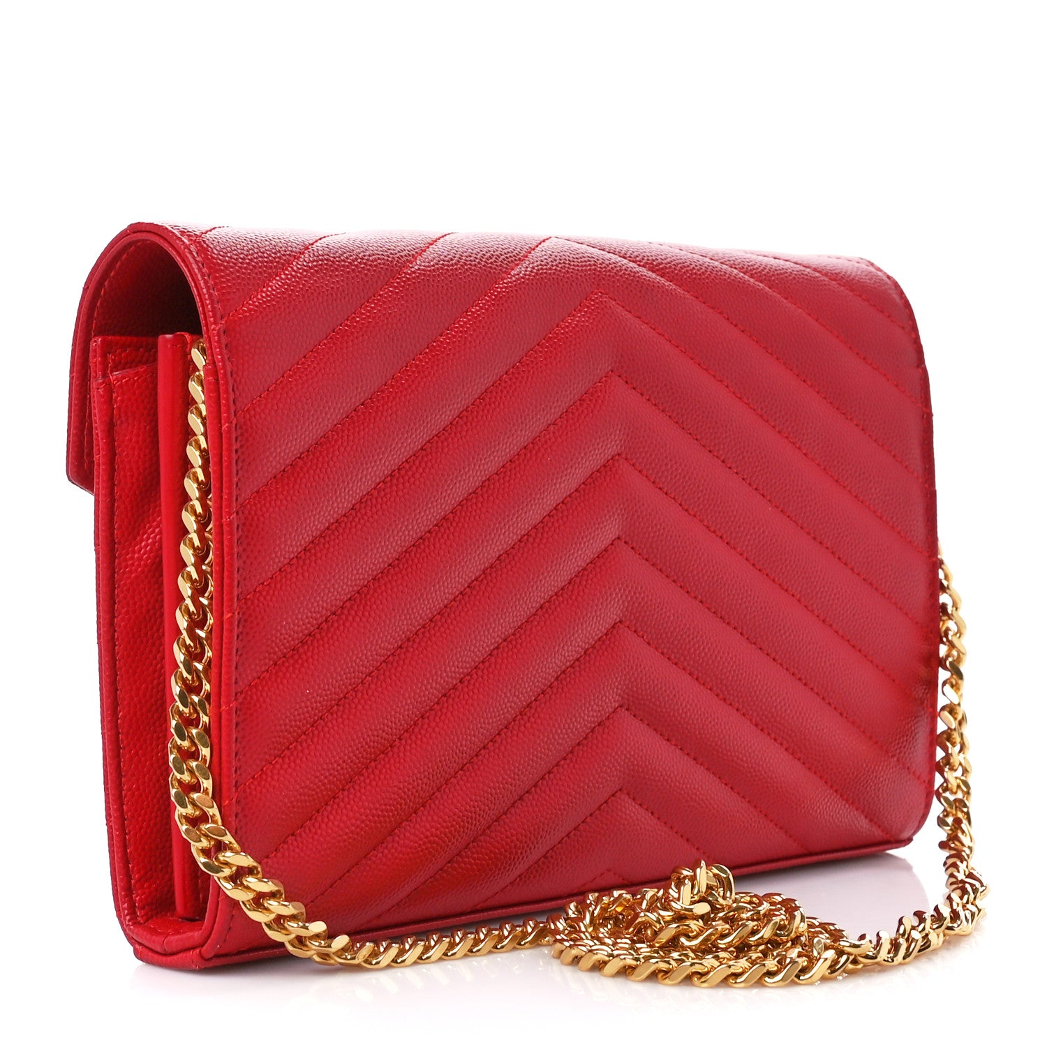 Saint Laurent Grain De Poudre Matelasse Chevron Monogram Chain Wallet New Red 2 of 10
