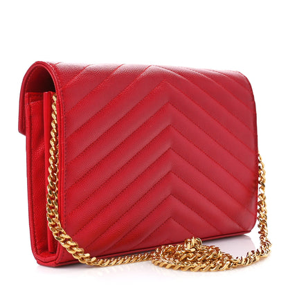 Saint Laurent Grain De Poudre Matelasse Chevron Monogram Chain Wallet New Red 2 of 10