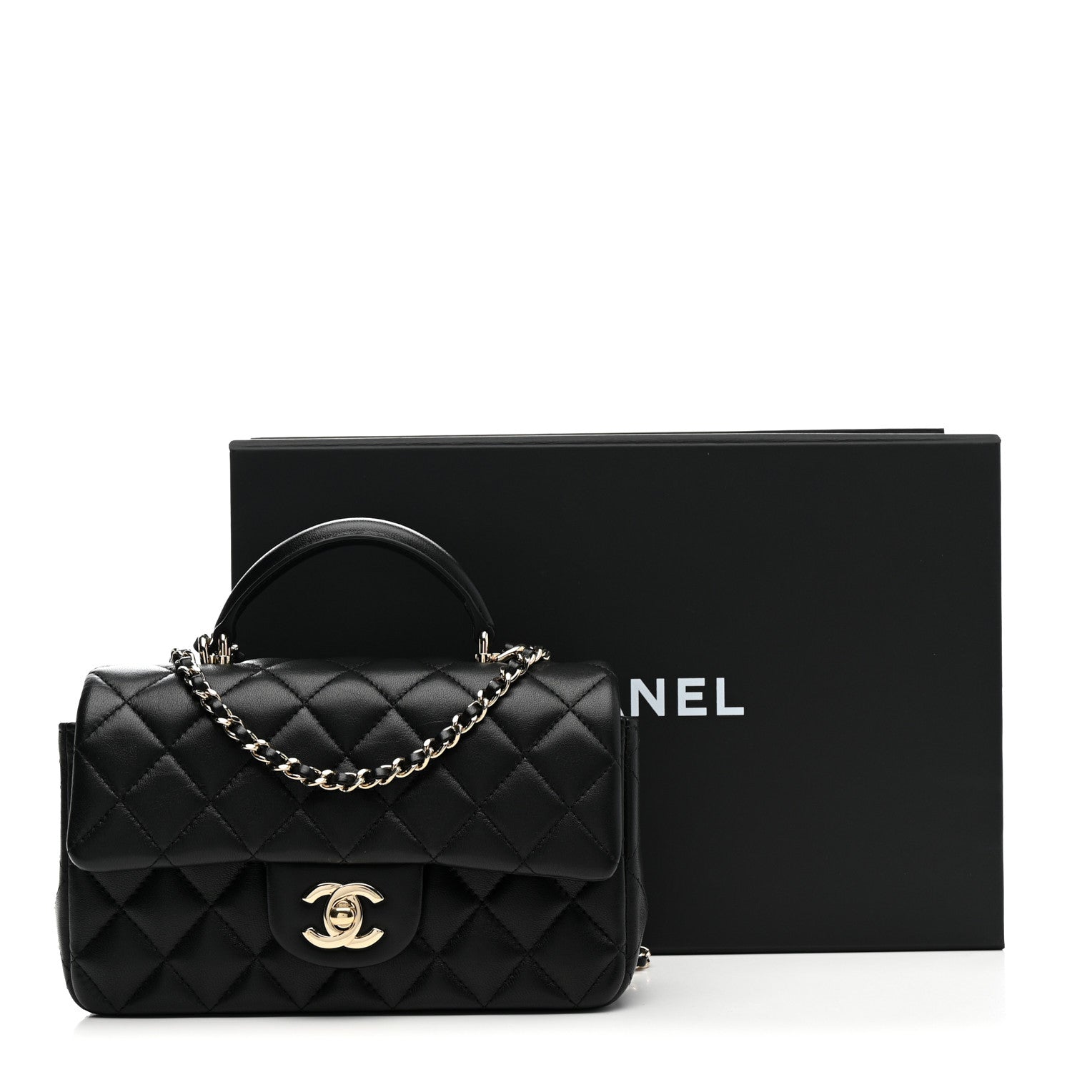 Chanel Lambskin Quilted Mini Top Handle Rectangular Flap Black