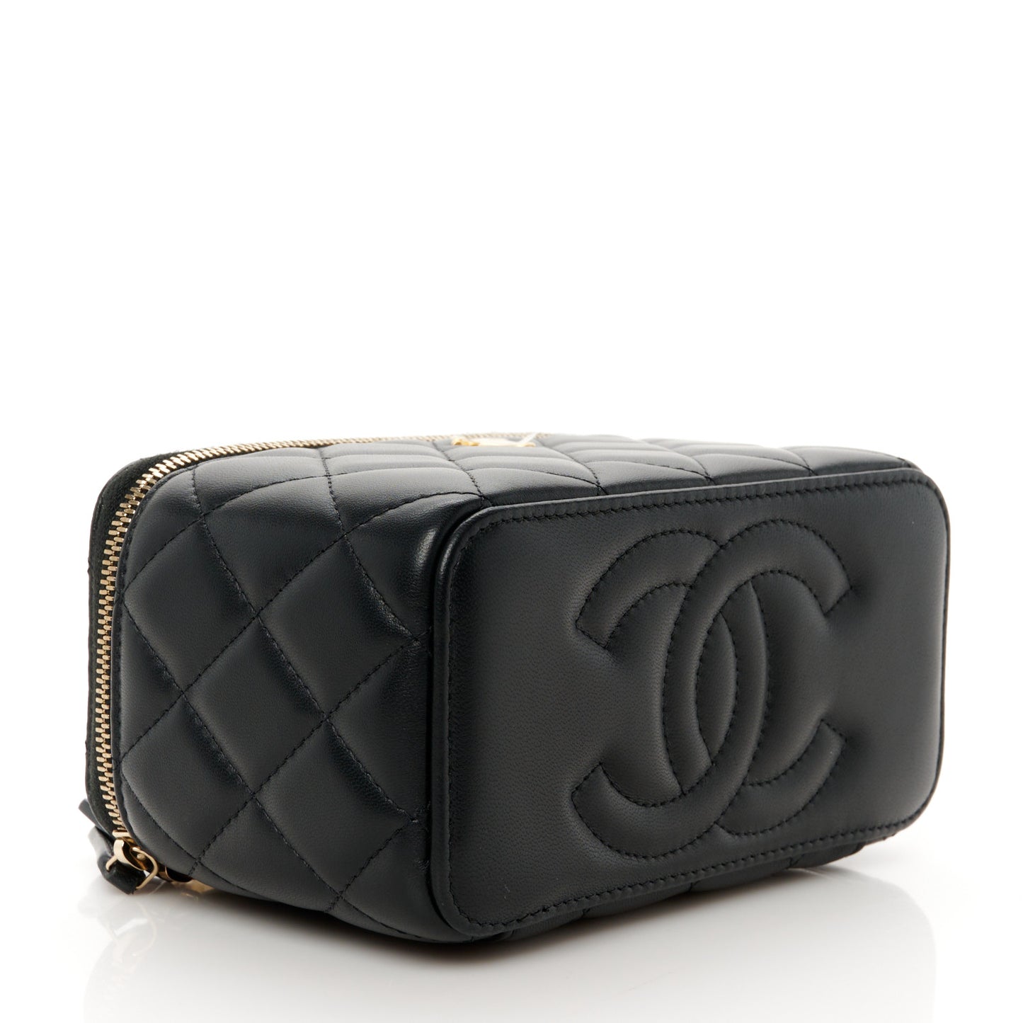 Lambskin Quilted Pearl Crush Small Vanity Case With Chain Black