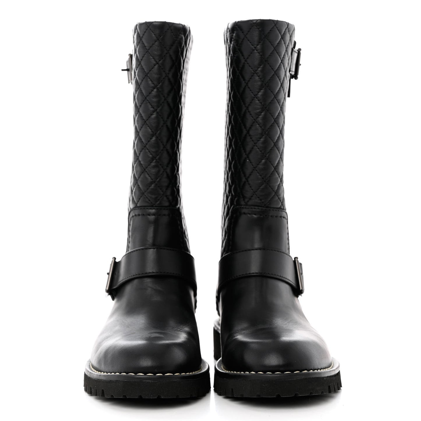 Calfskin Quilted Biker Boots 37.5 Black