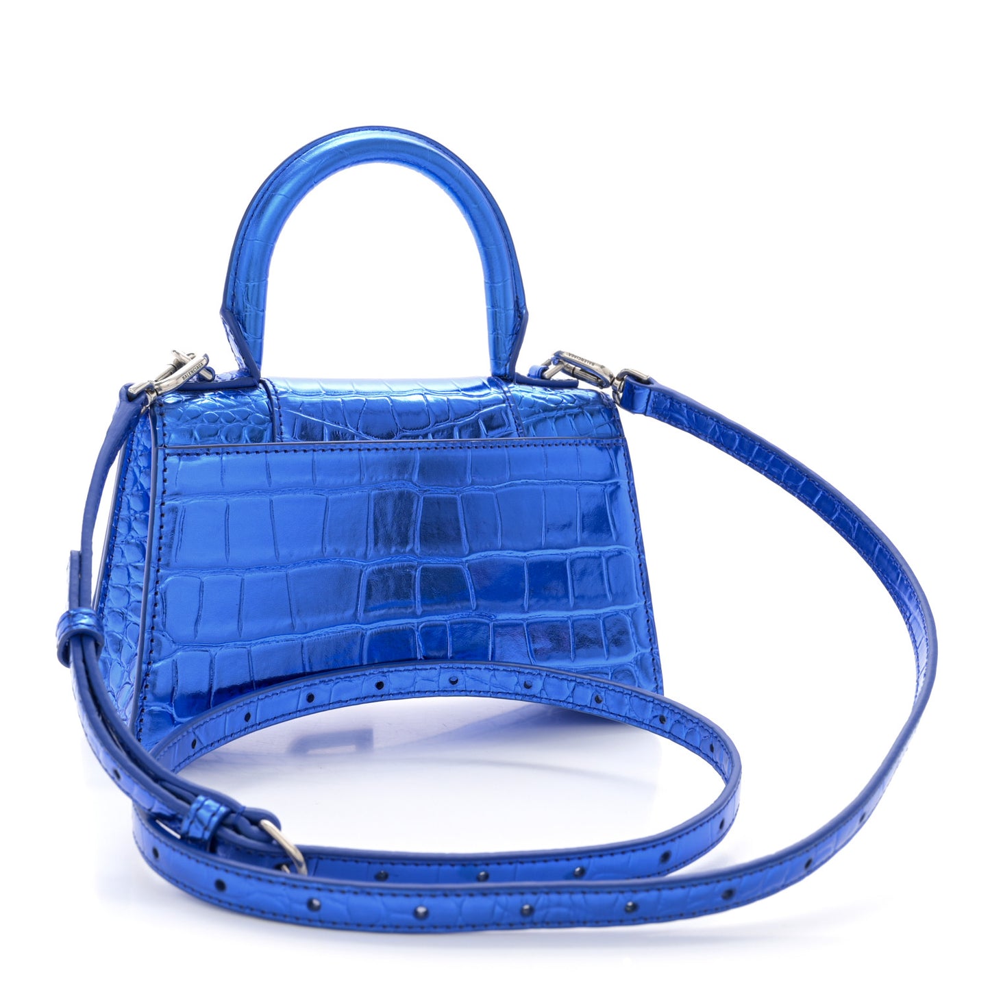 Metallic Shiny Calfskin Crocodile Embossed Hourglass Top Handle Bag XS Royal Blue