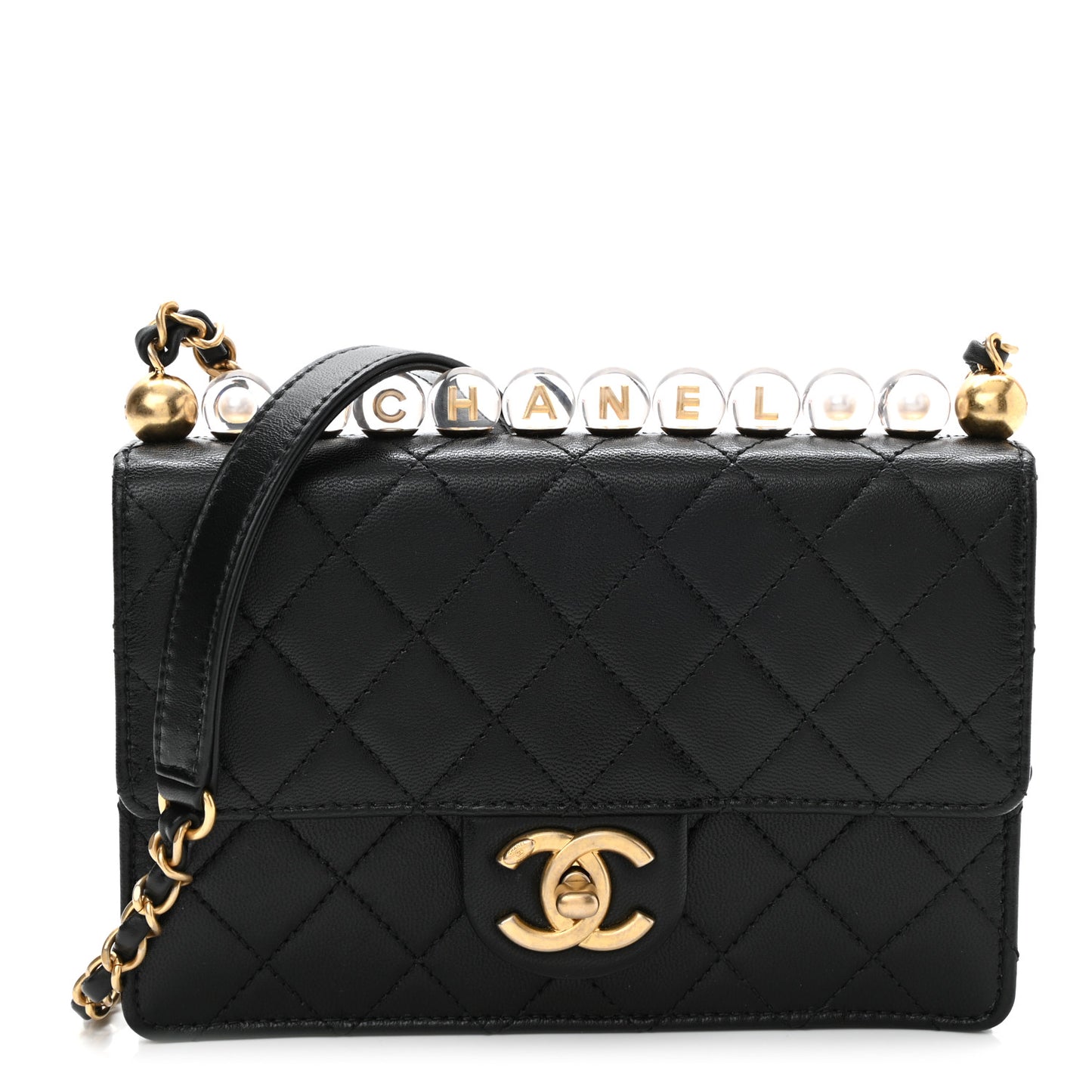 Goatskin Quilted Logo Small Chic Flap Black