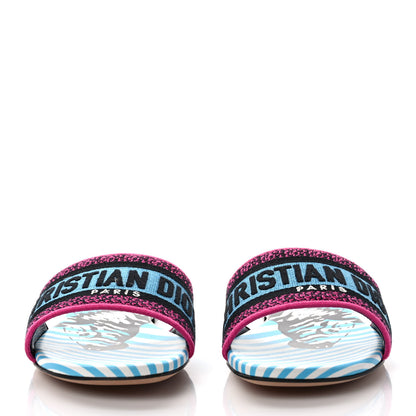 Christian Dior Canvas D-Jungle Pop Embroidered Dway Flat Slide Sandals 37 Bright Blue Pink Multicolor 2 of 9