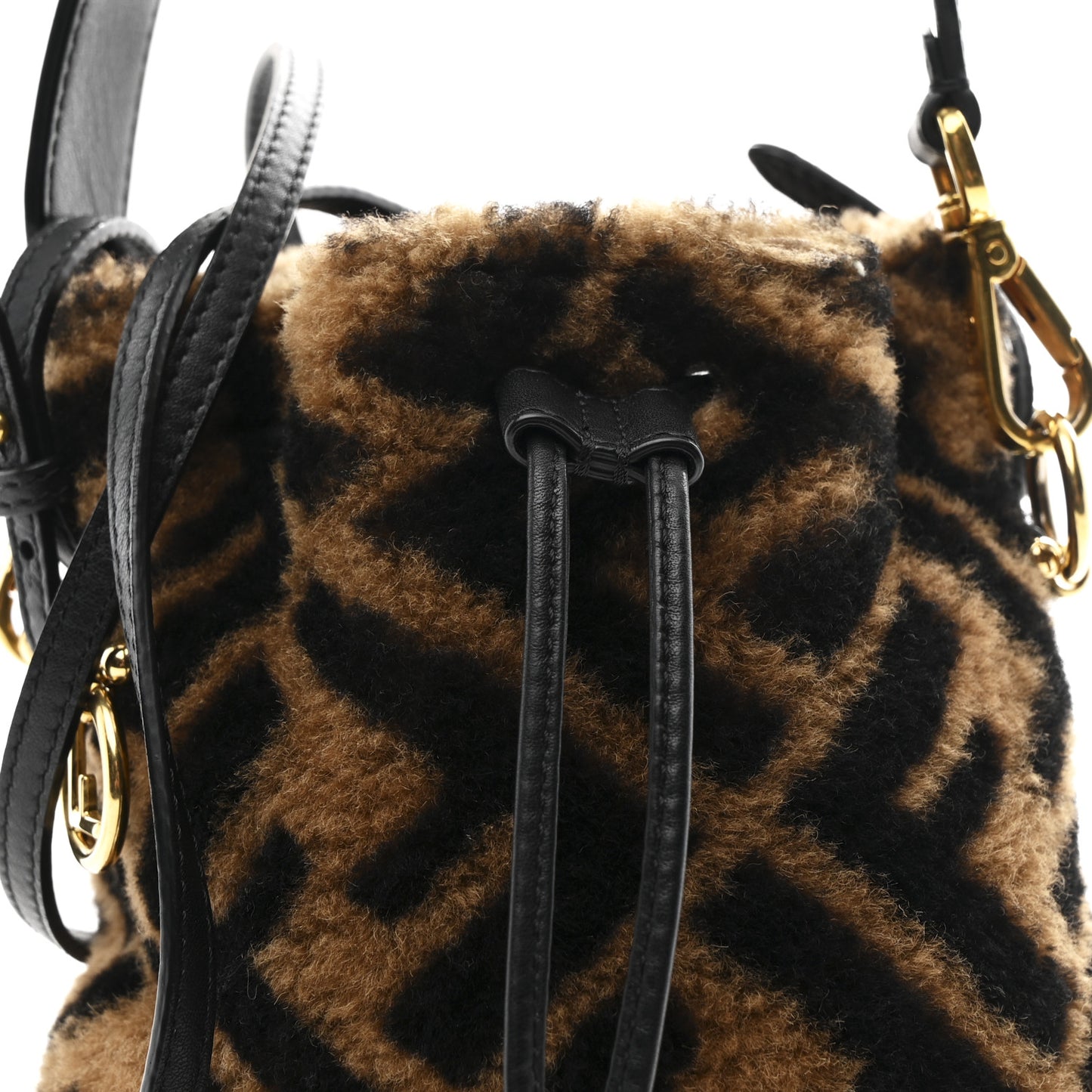 Shearling Vitello Dolce F is Fendi Macro FF 1974 Mini Mon Tresor Bucket Bag Tobacco Black