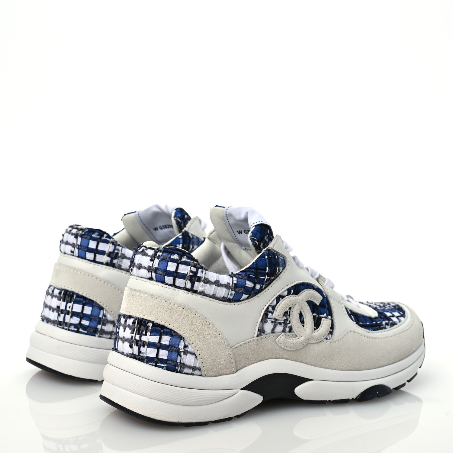 Chanel Tweed Suede Calfskin Womens CC Sneakers 38.5 Dark Blue Black Grey White 4 of 10