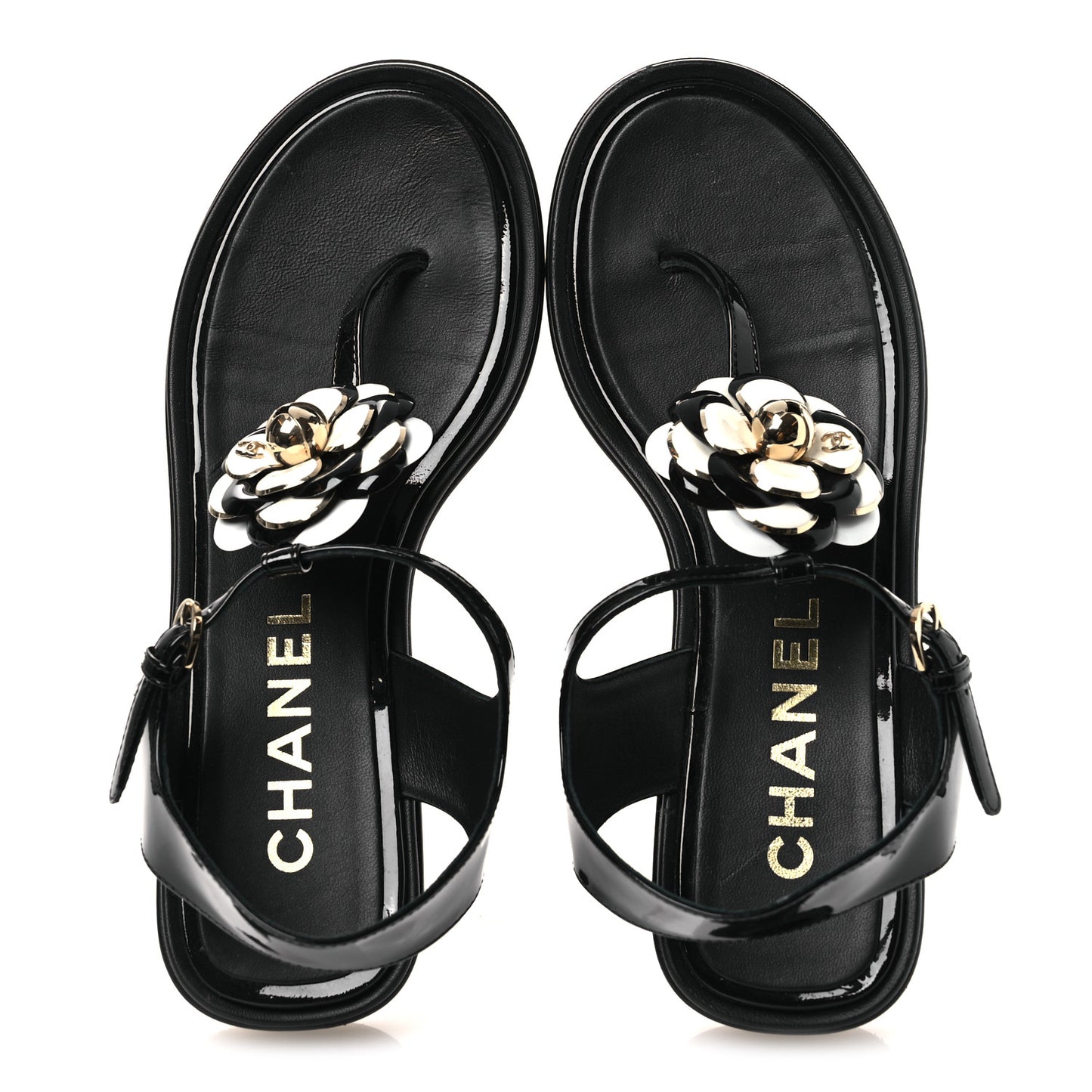 Patent Calfskin Camellia Thong Sandals 37 Black White