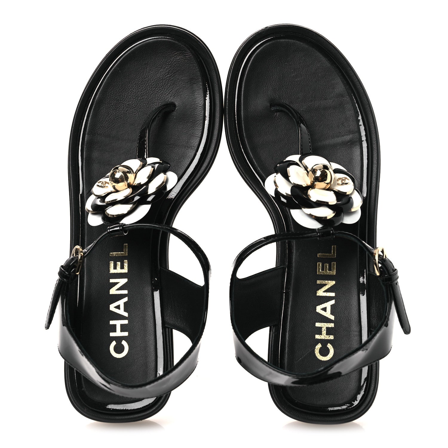 Chanel Patent Calfskin Camellia Thong Sandals 37 Black White 2 of 14