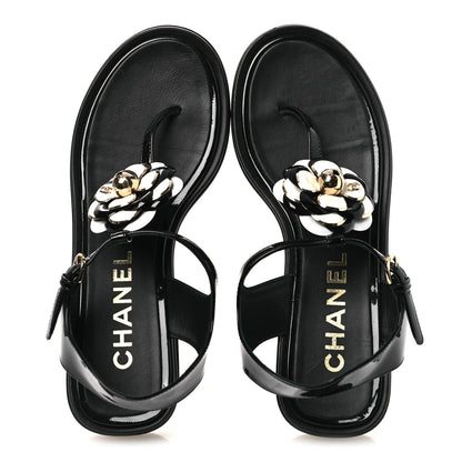 Chanel Patent Calfskin Camellia Thong Sandals 37 Black White 2 of 14