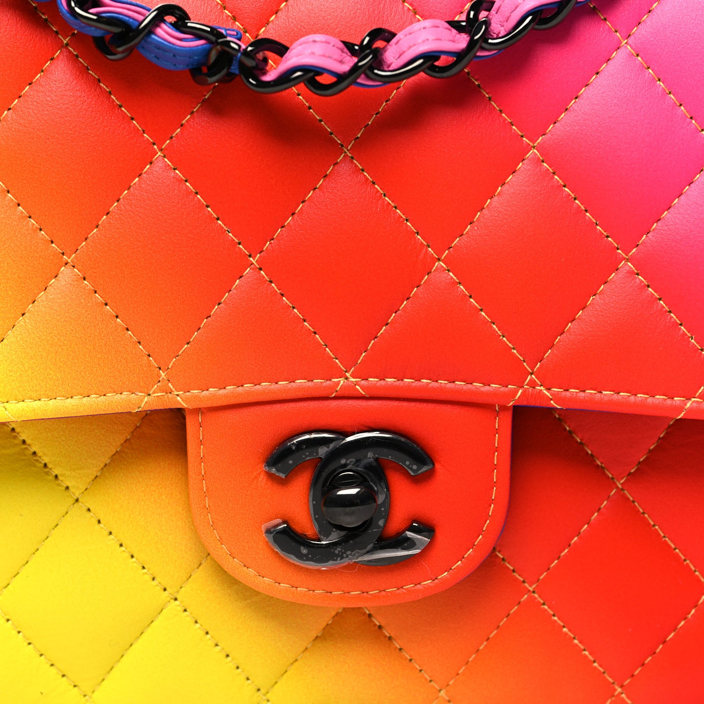 Calfskin Quilted Medium Rainbow Double Flap Multicolor