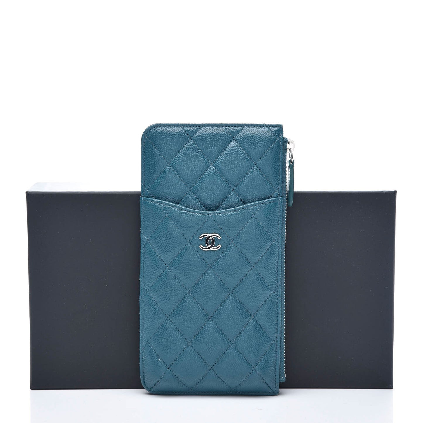 Caviar Quilted Classic Flat Wallet Pouch Dark Turquoise