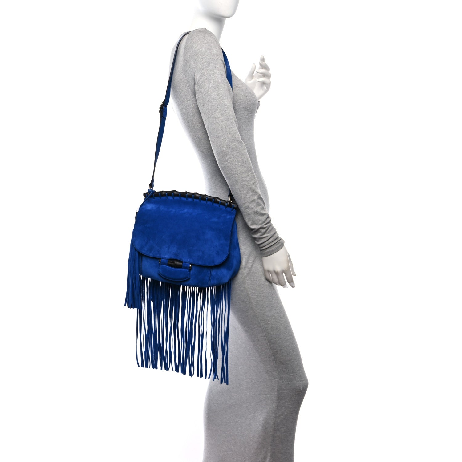 Gucci Suede Medium Nouveau Fringe Shoulder Bag Blue 2 of 12