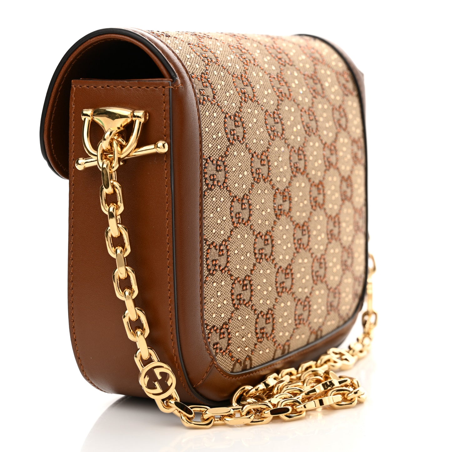 Canvas Calfskin Crystal GG Monogram Mini Horsebit 1955 Shoulder Bag Camel Ebony