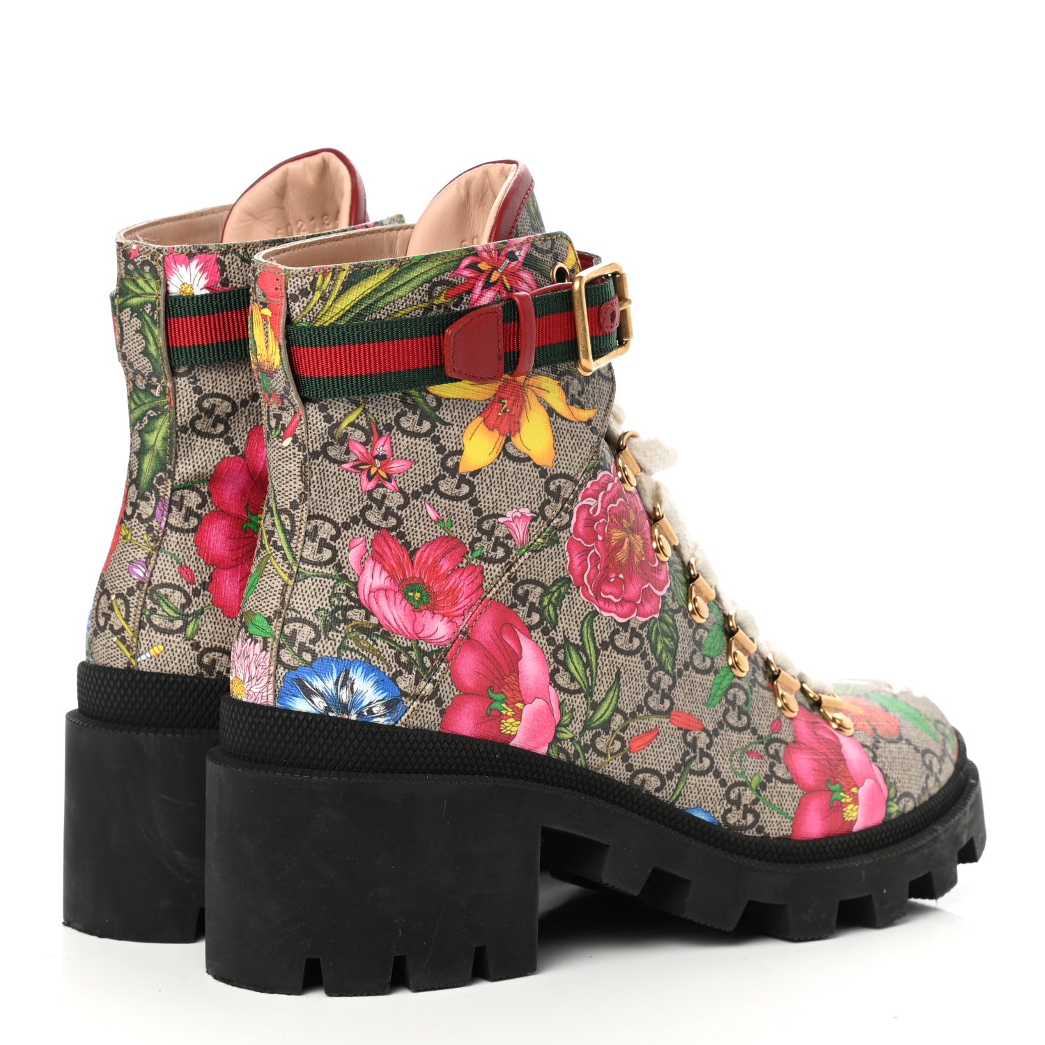 Gucci GG Supreme Monogram Flora Lace Up Combat Ankle Boots 39 Beige Multicolor Red 4 of 9