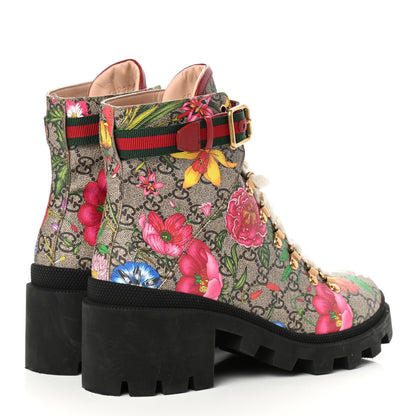 Gucci GG Supreme Monogram Flora Lace Up Combat Ankle Boots 39 Beige Multicolor Red 4 of 9