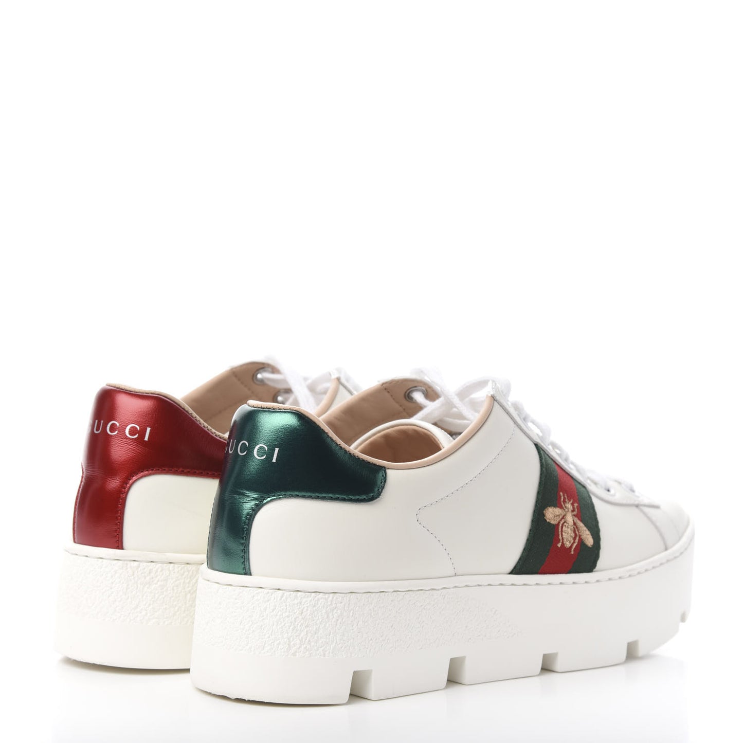 Calfskin Web Bee Embroidered Womens Ace Platform Sneakers 37.5 White