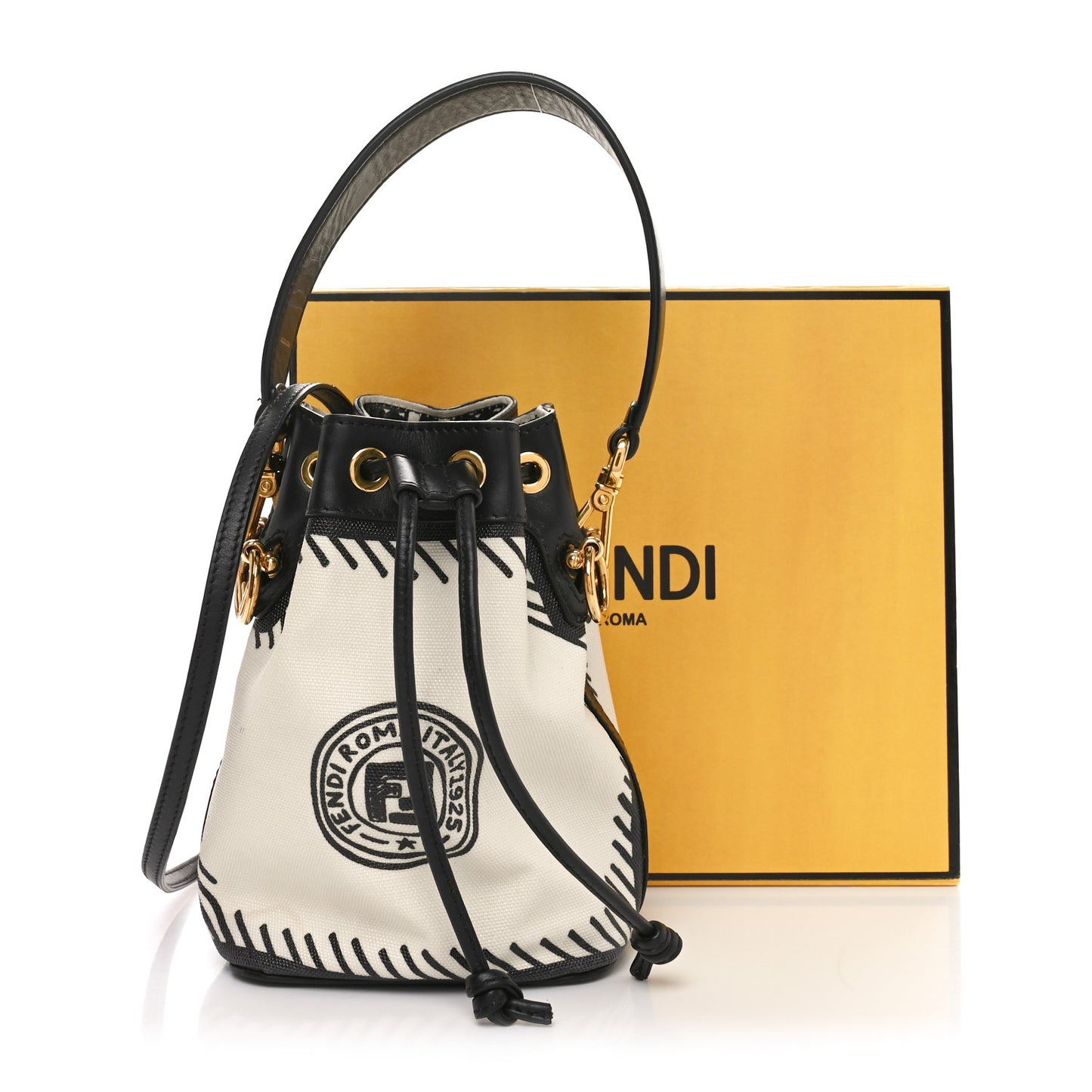 X JOSHUA VIDES Canvas Calfskin F is Fendi Mini Mon Tresor Bucket Bag White Black