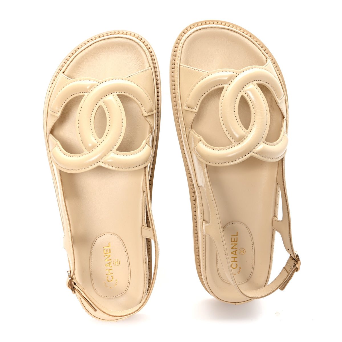 Crumpled Shiny Lambskin CC Cut Out Dad Sandals 40 Beige