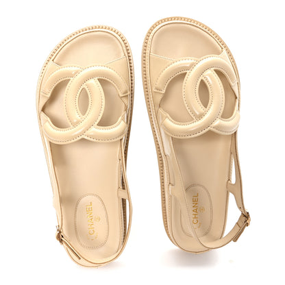 Chanel Crumpled Shiny Lambskin CC Cut Out Dad Sandals 40 Beige 2 of 10