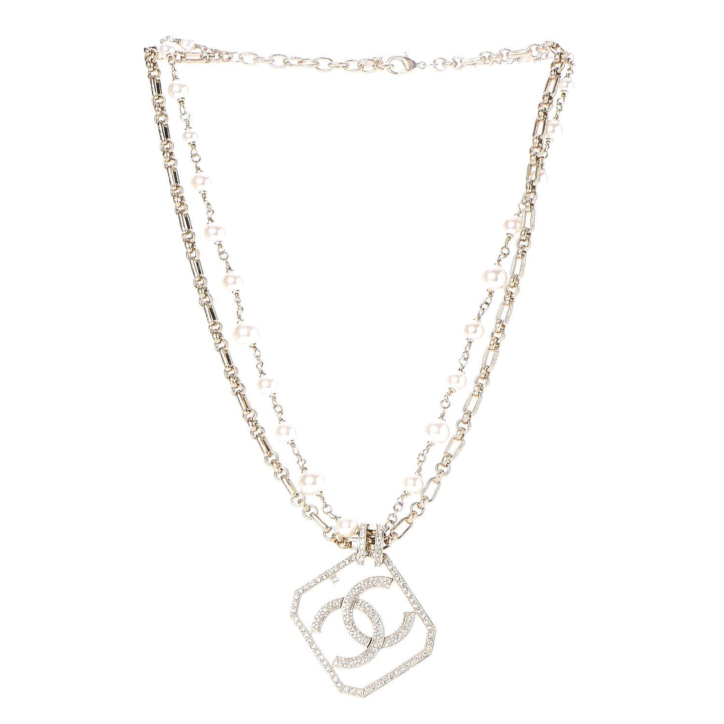 Pearl Crystal CC Double Strand Necklace Gold