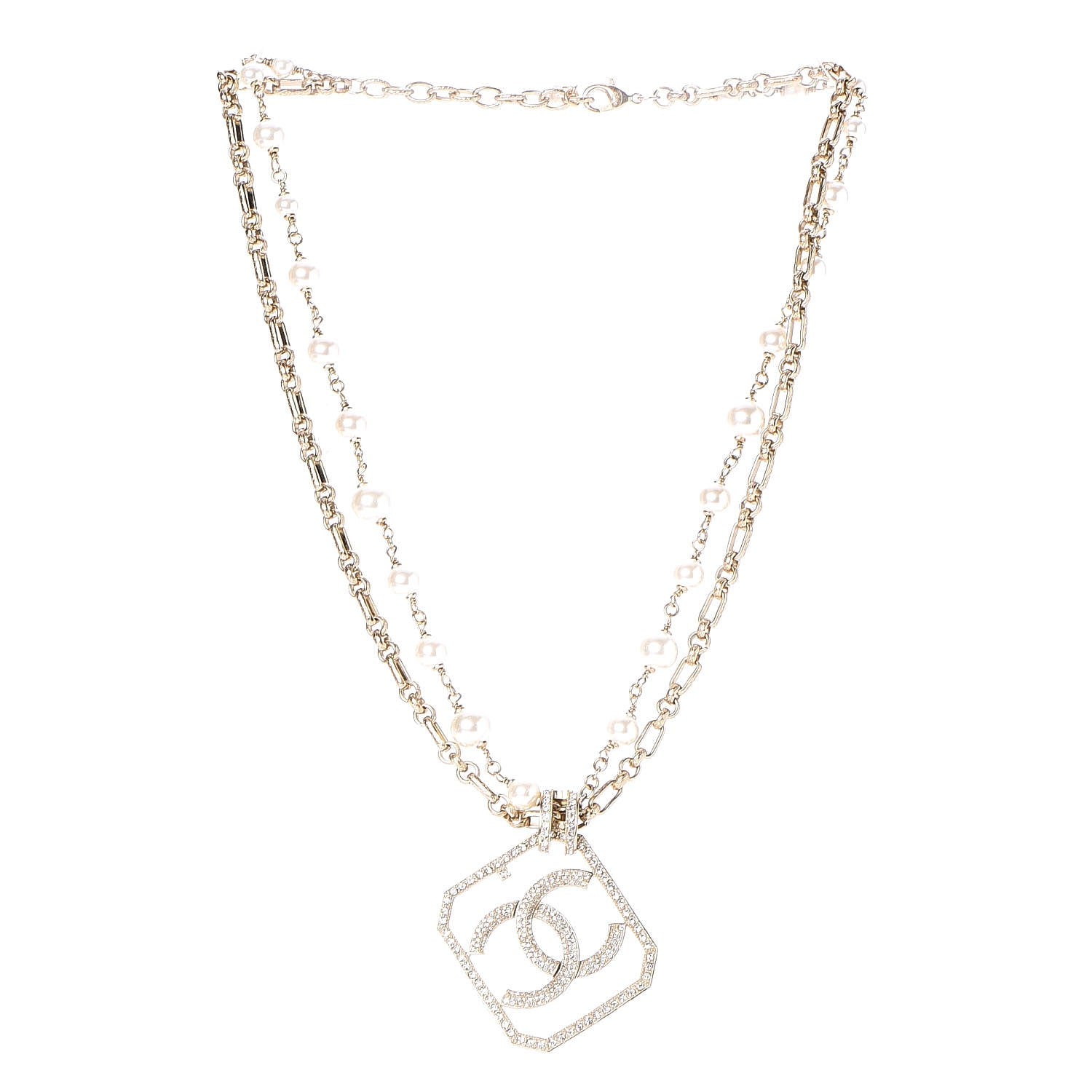 Chanel Pearl Crystal CC Double Strand Necklace Gold 3 of 7