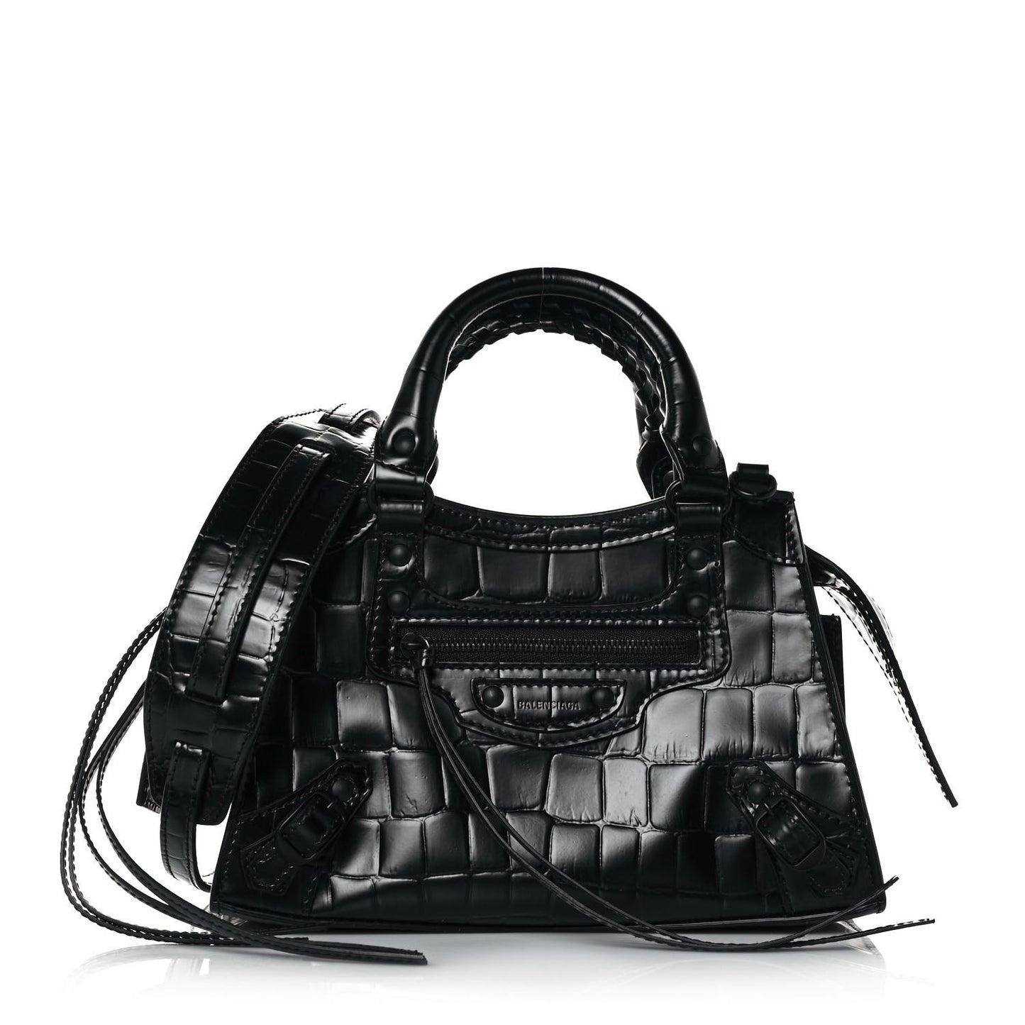 Semi Shiny Calfskin Crocodile Embossed Neo Classic Black Hardware Mini City Black