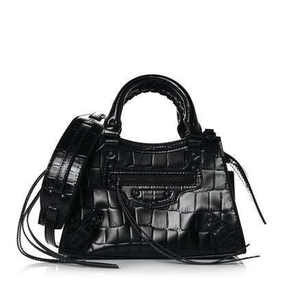 Balenciaga Semi Shiny Calfskin Crocodile Embossed Neo Classic Black Hardware Mini City Black 1 of 13