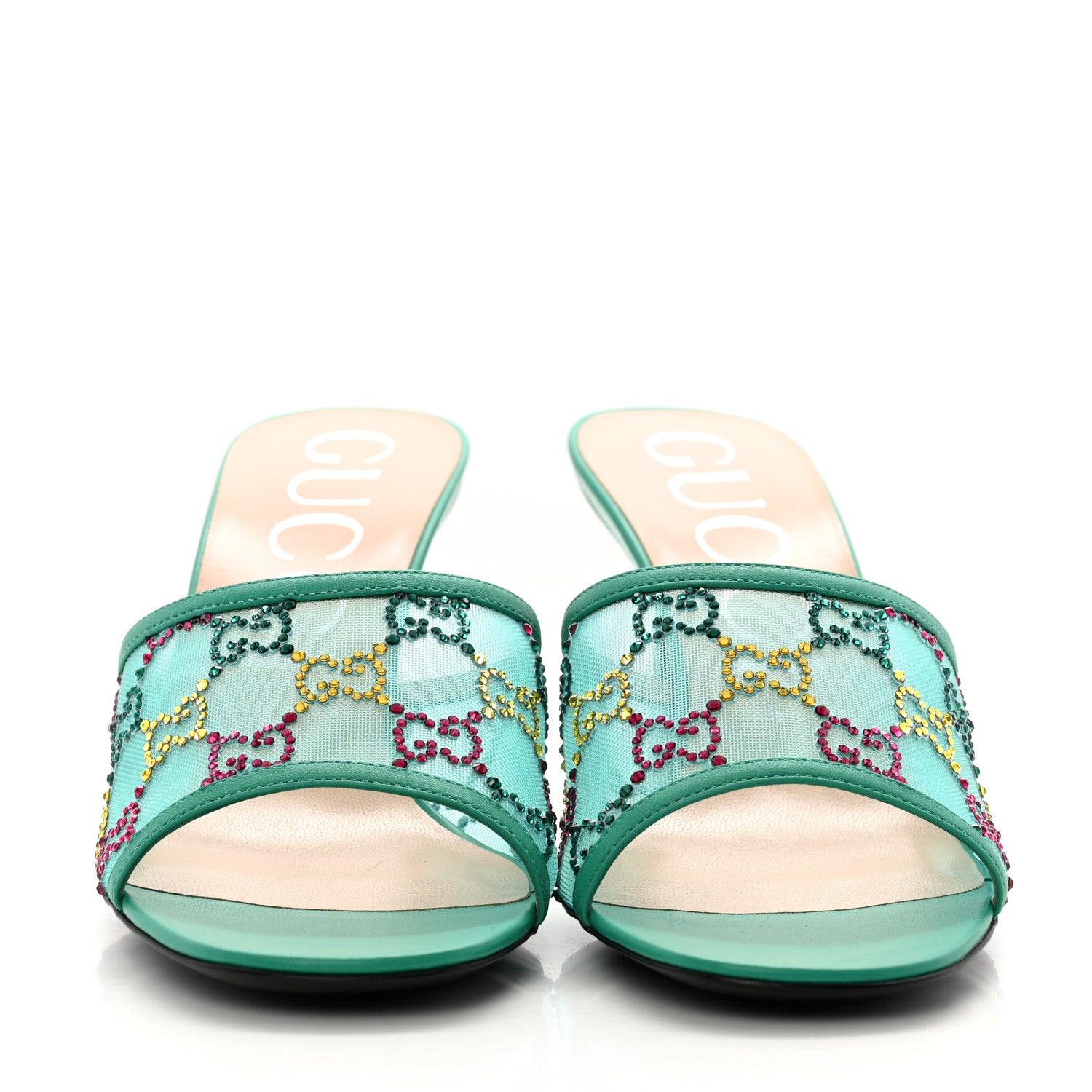 Gucci Tela Retino Nappa Crystal GG Monogram Square G 95mm Slide Sandals 40 Turquoise 3 of 9