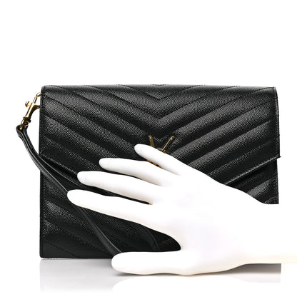 Saint Laurent Grain De Poudre Matelasse Chevron Monogram Envelope Clutch Black 2 of 7