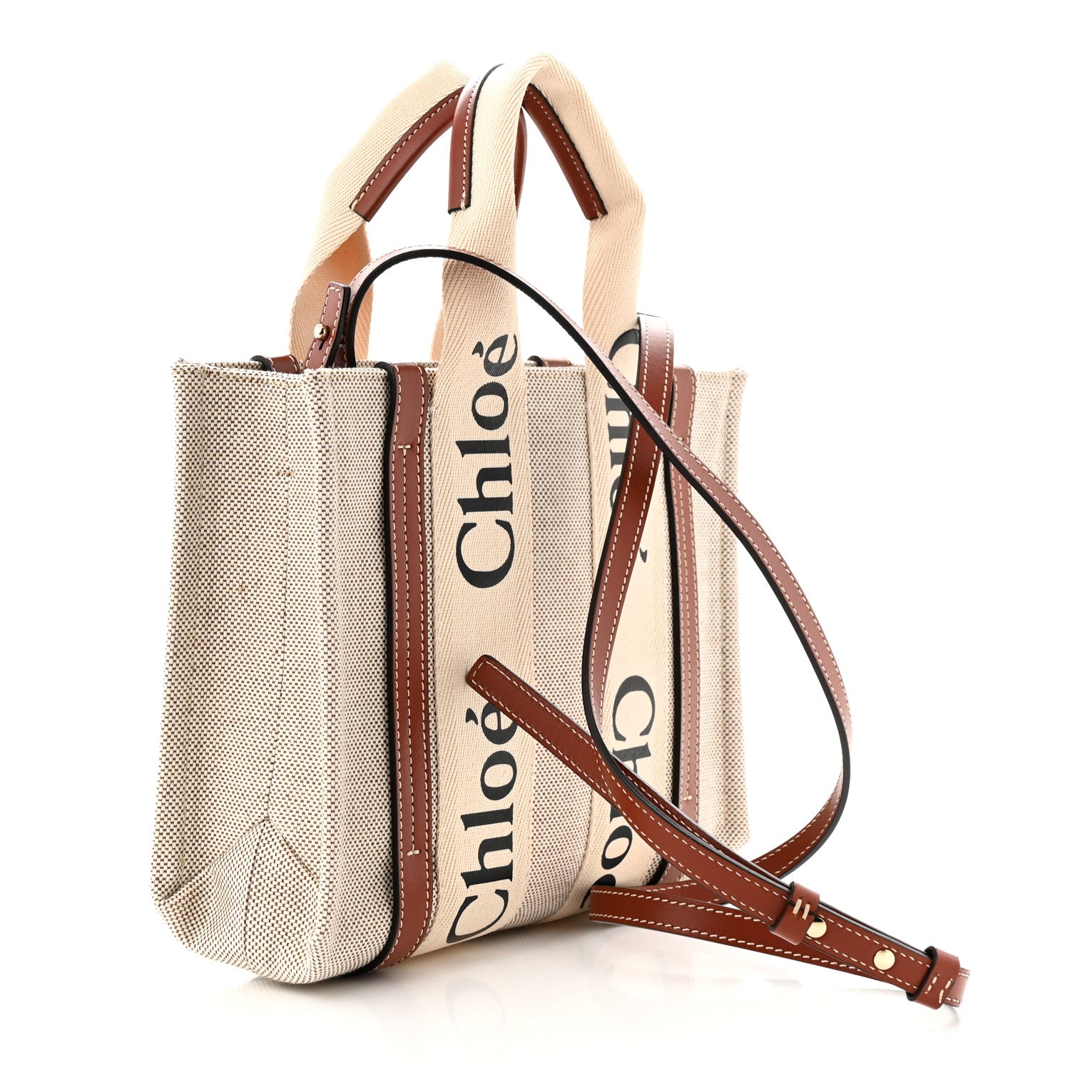 Chloe Cotton Calfskin Small Woody Ribbon Tote With Strap White Brown 3 of 10